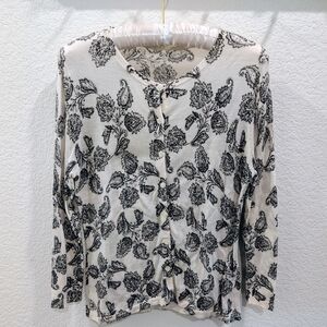 Garnet Hill Merino Wool Floral Black and White Cardigan